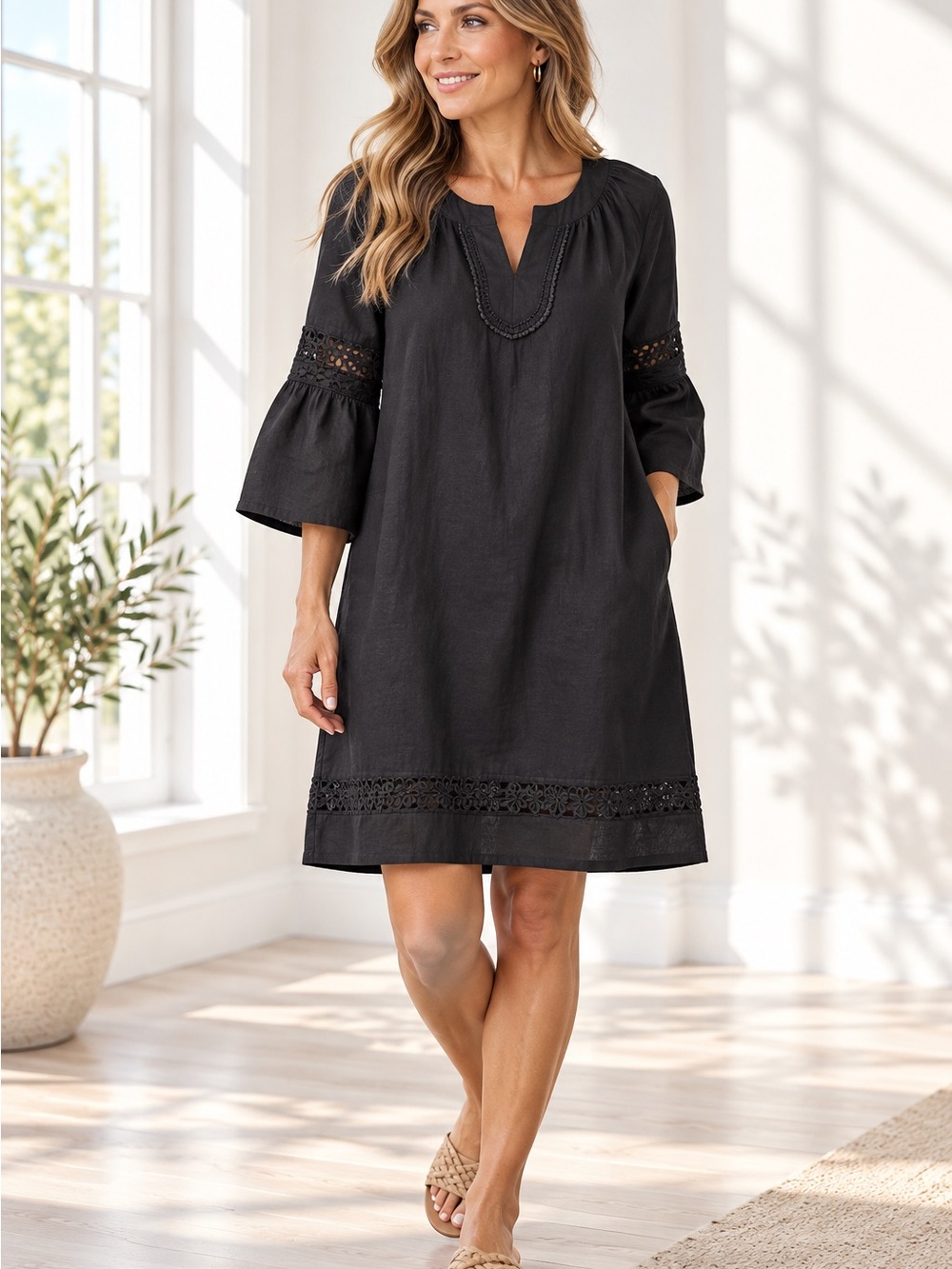 crown & ivy Black Crochet-Trim Linen Shift Dress